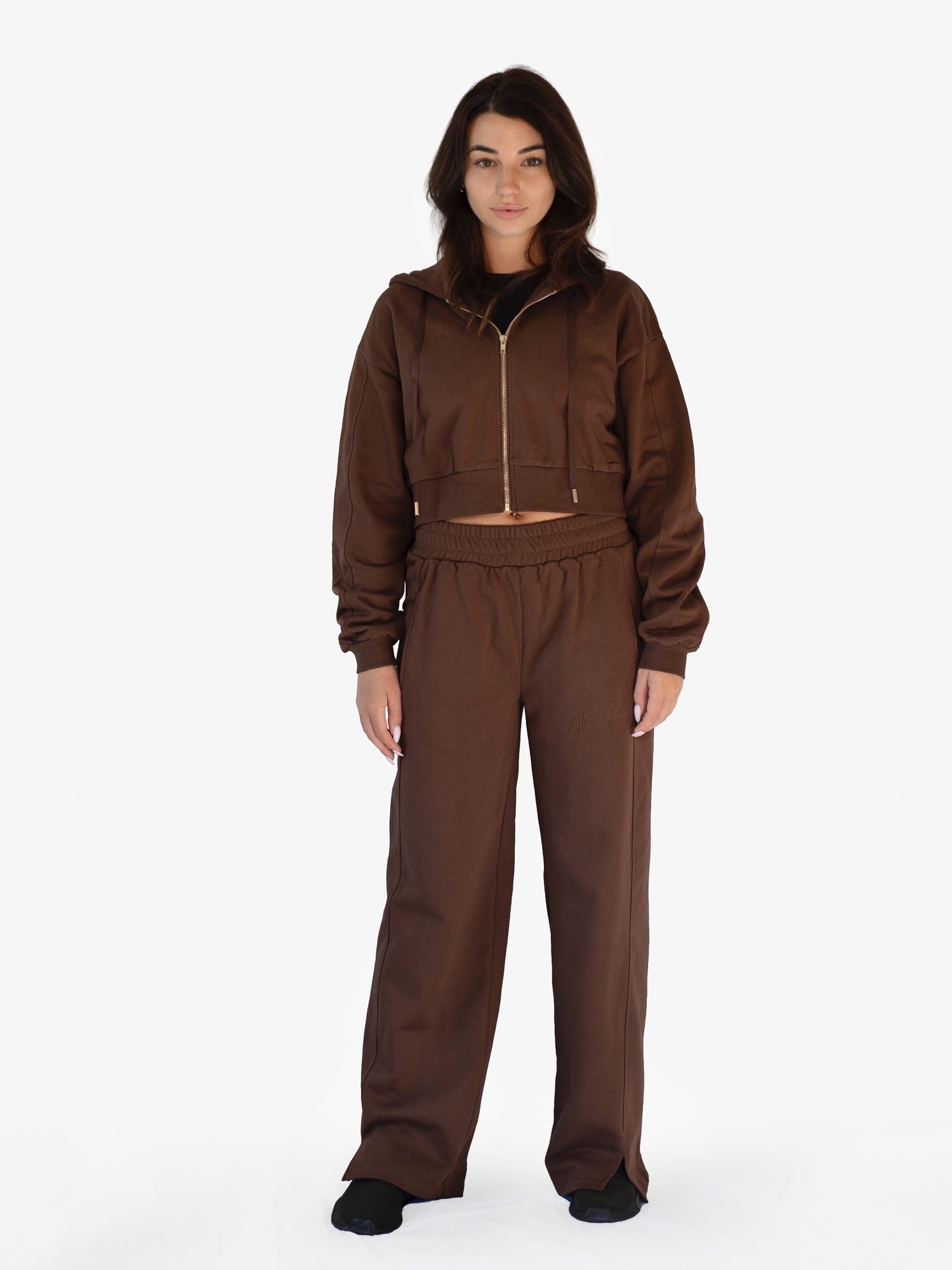 A model wearing a matching brown cropped zip-up hoodie and wide-leg sweatpants set, photographed against a plain white studio background.